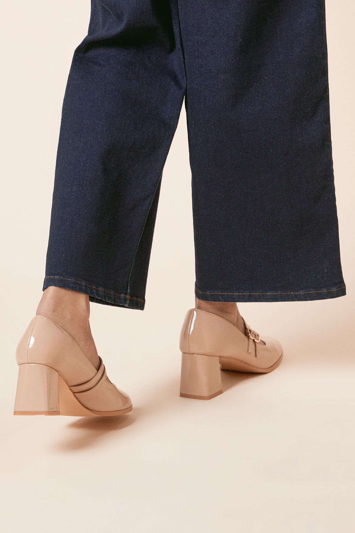 Oasis Catalina Patent Double Mary Jane High Block Heeled Shoes Beige image 4