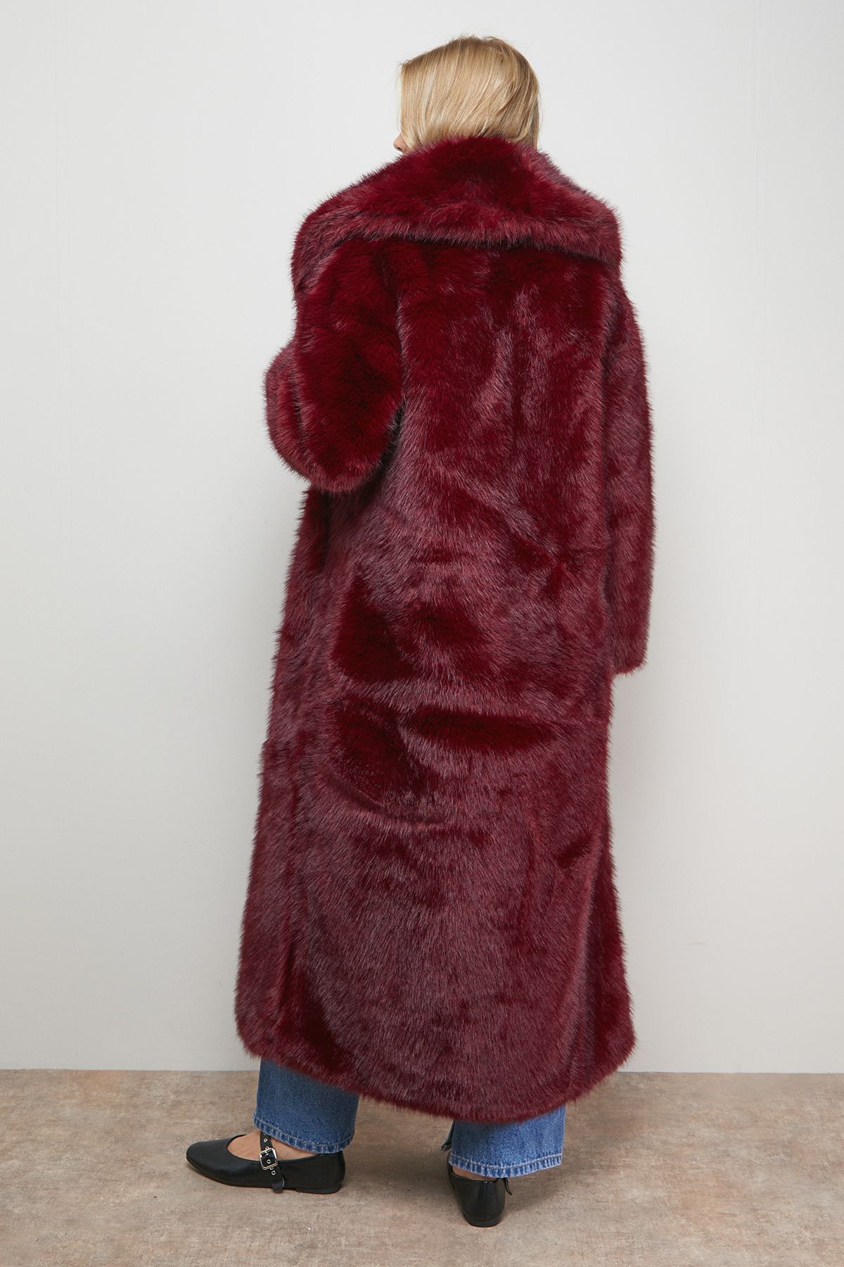 Oasis Maxi Faux Fur Plush Coat Burgundy image 3