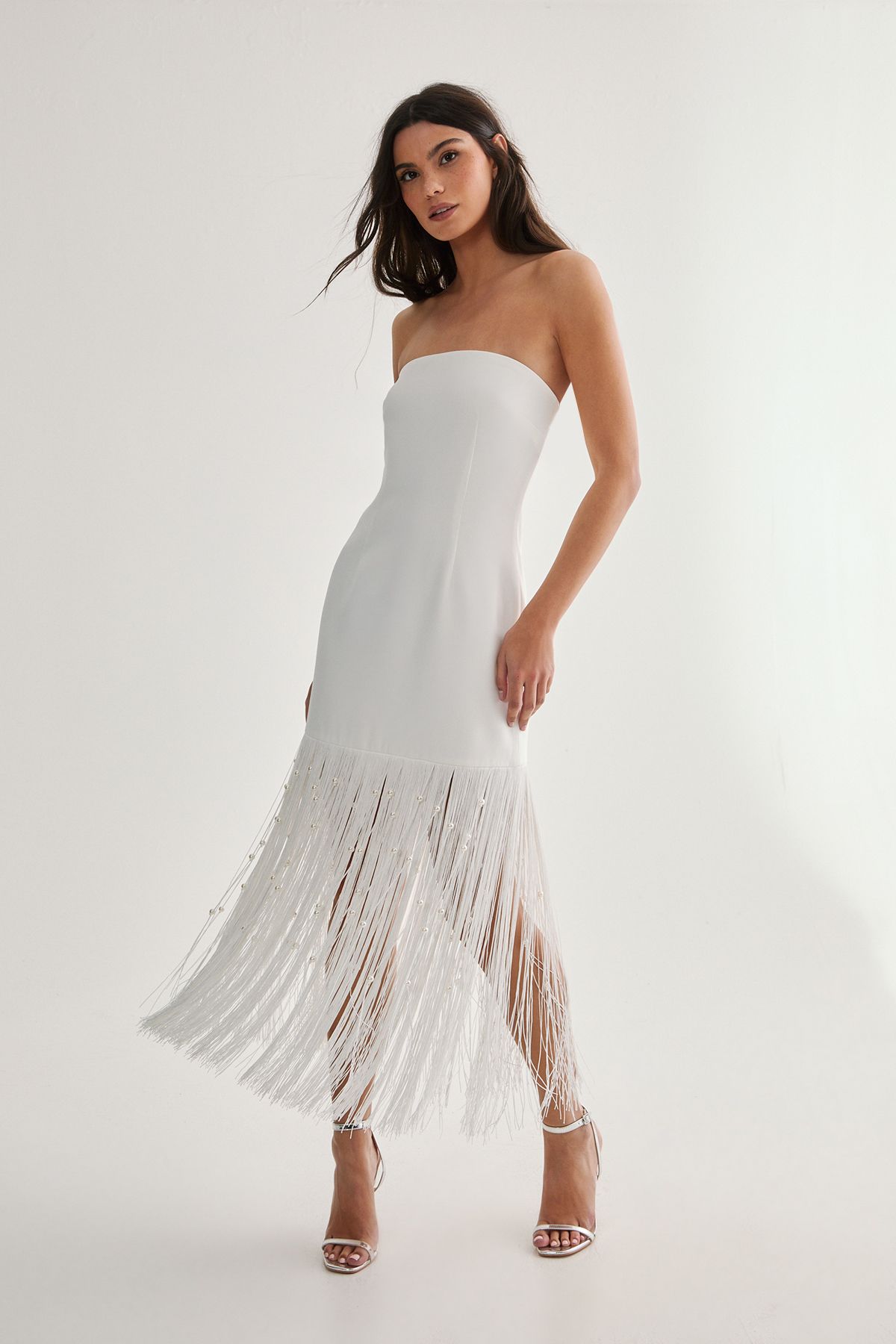 NastyGal Tailored Pearl Fringe Trim Midi Dress Ivory image 1