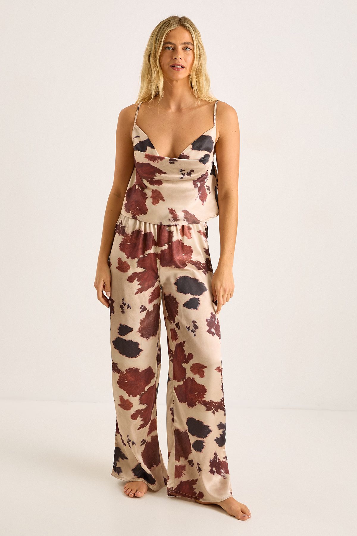 NastyGal Cow Satin Cowl Pajama Pants and Robe 3pc Set Chocolate image 3