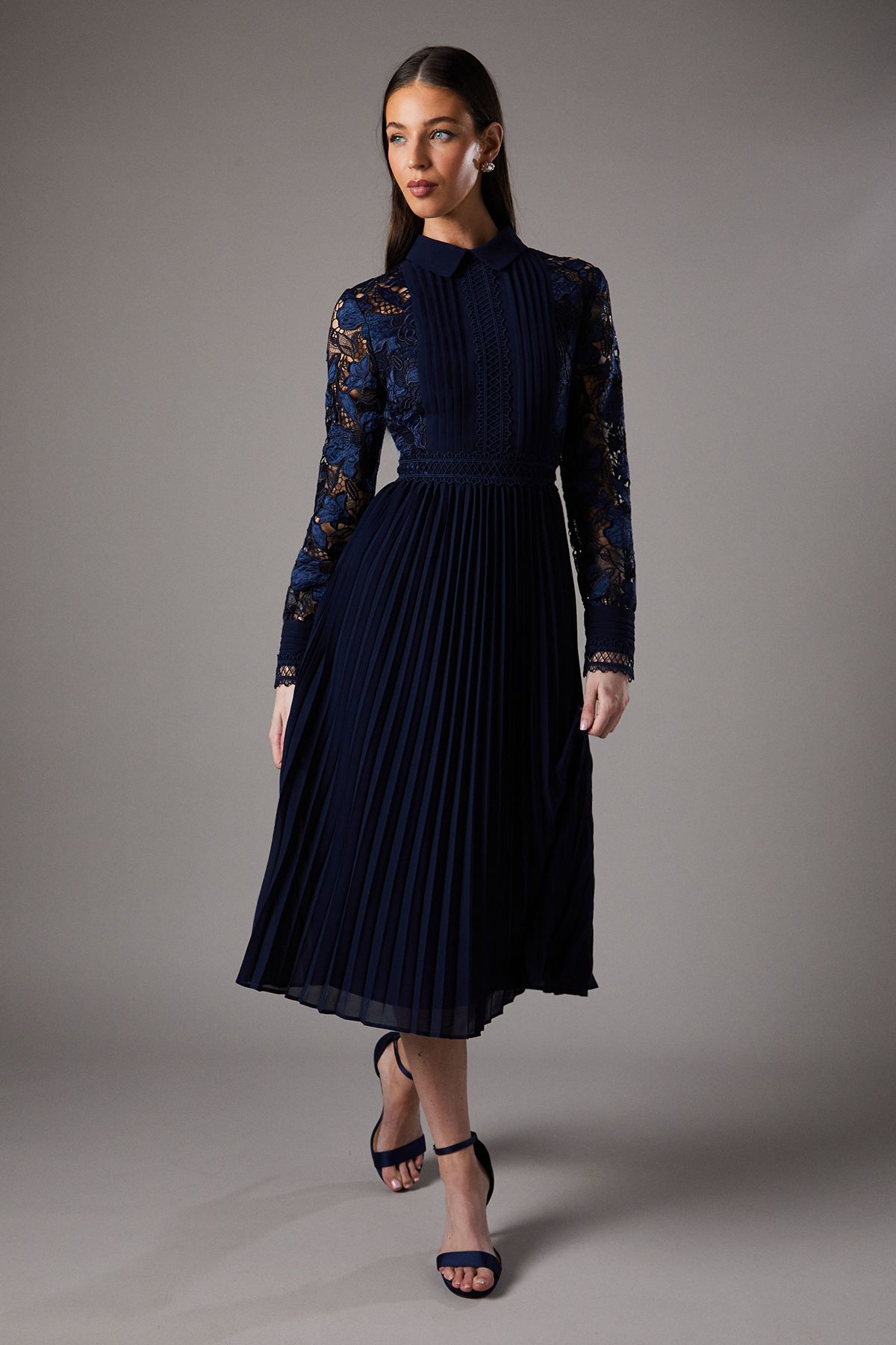 Coast Navy Long Sleeve Lace And Pleated Midi Shirt Dress PLT