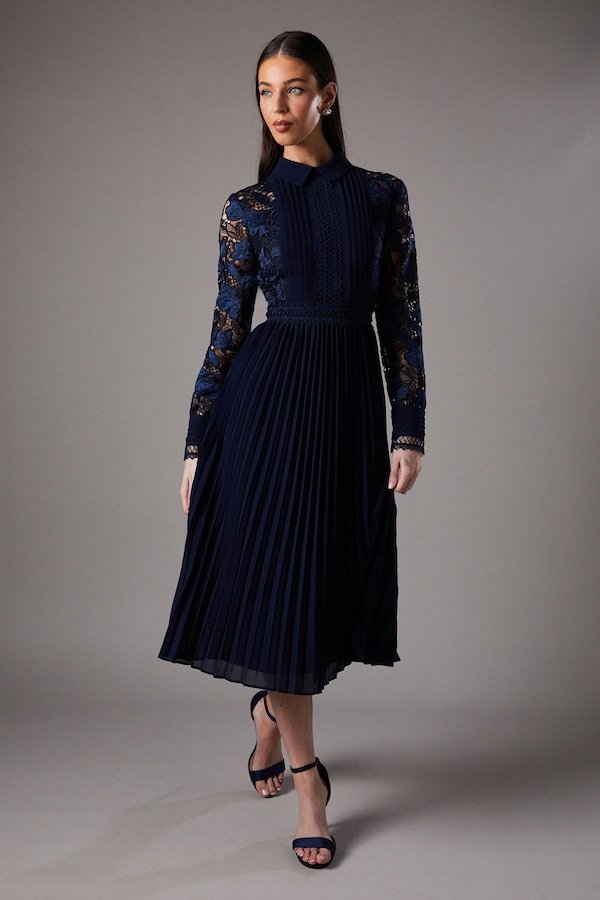 Coast Long Sleeve Lace and Pleated Midi Shirt Dress Navy