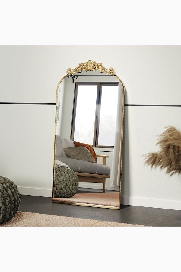 Living and Home 60cm W x 120cm H Vintage-Inspired Gold Floral Carved Metal Framed Arch Accent Wall Mirror