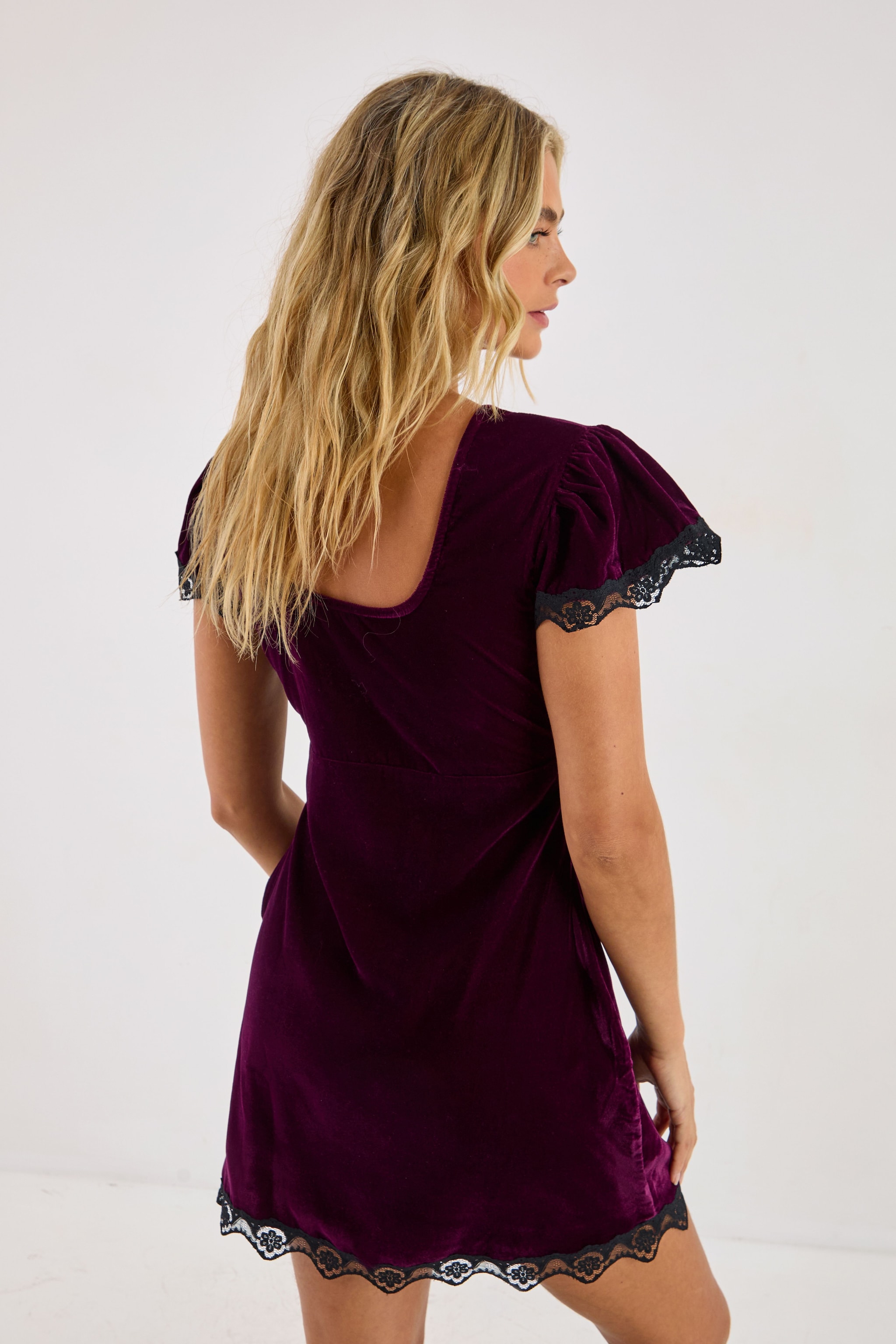 NastyGal Velvet Lace Trim Tie Front Mini Dress Plum image 4