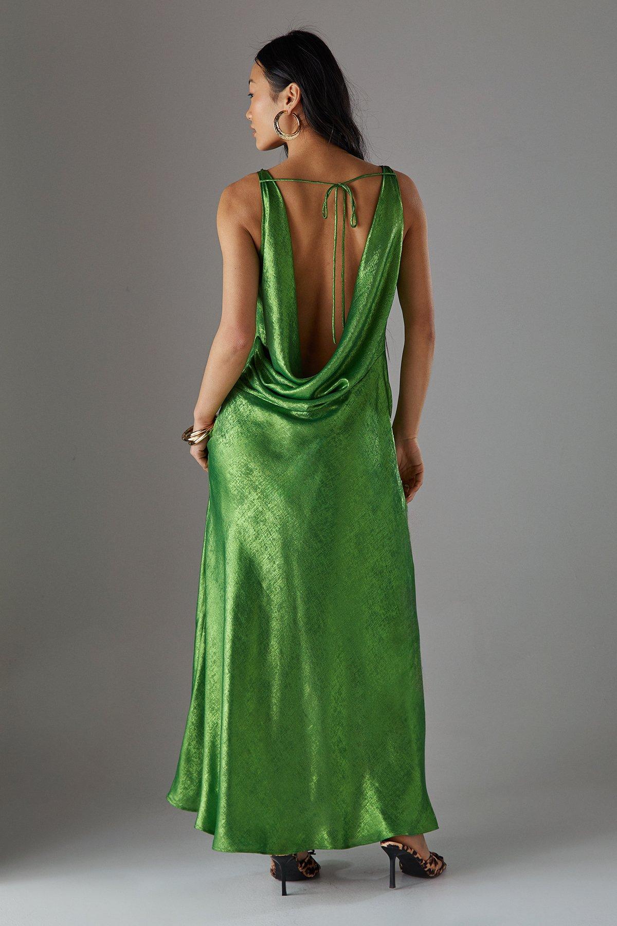 Warehouse Petite Metallic Lame Cowl Neck Maxi Dress Green image 4