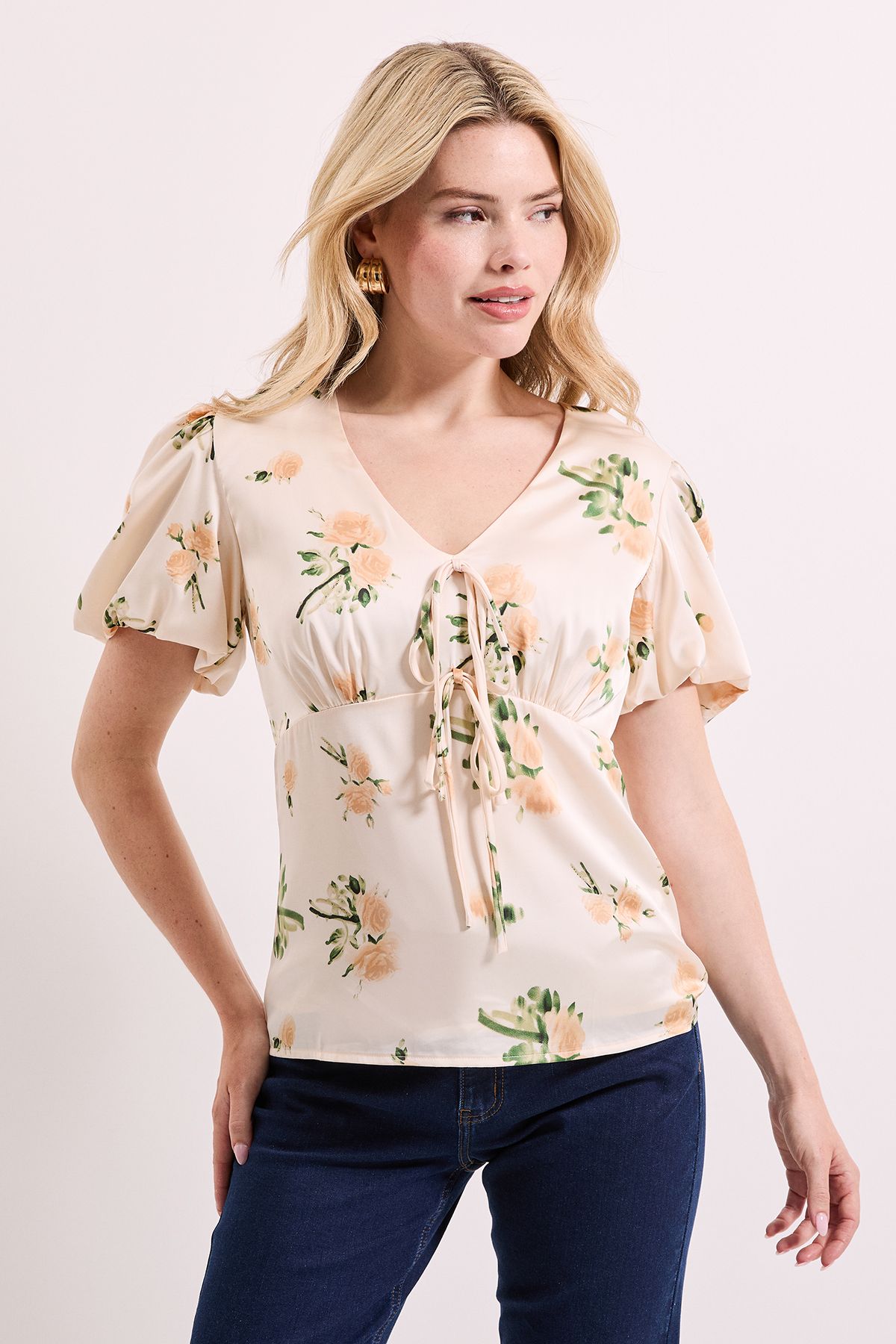 Dorothy Perkins Floral Tie Front Button Up Puff Sleeve Top Floral image 2