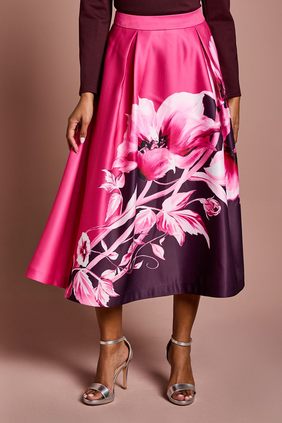 Coast Petite Placement Print Satin Midi Skirt Berry image 2