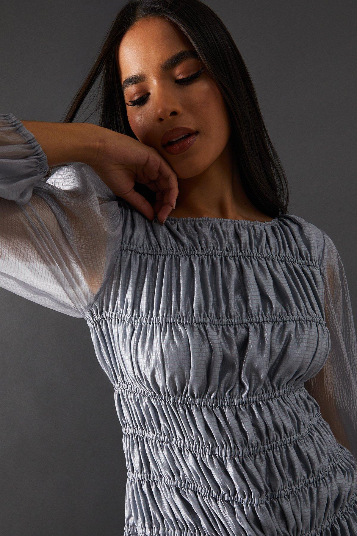 Warehouse Shirred Chiffon Panel Bodice Midi Dress Silver image 2