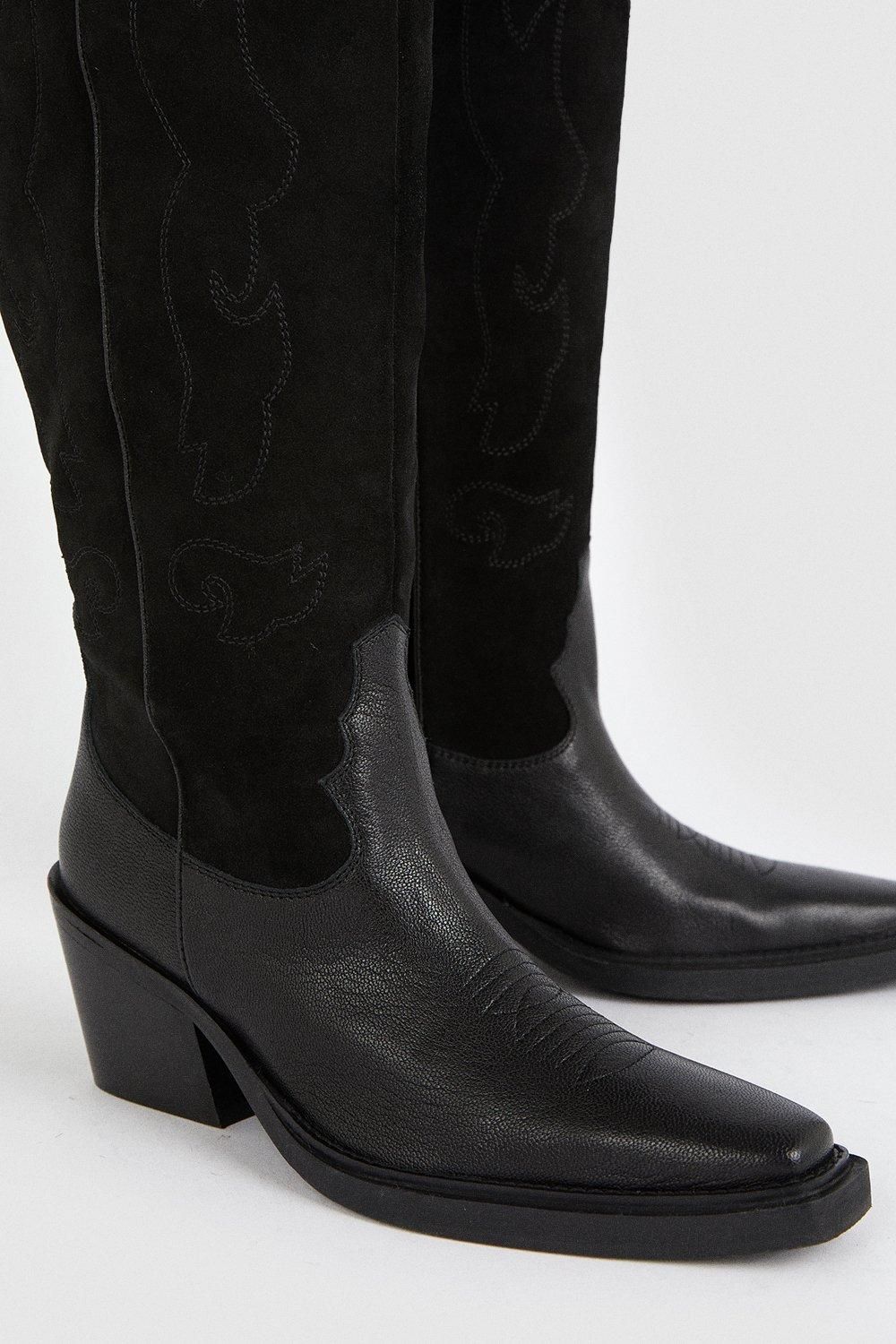 Oasis Leather And Suede Stitch Detail Western Cowboy Knee Boot Black image 4