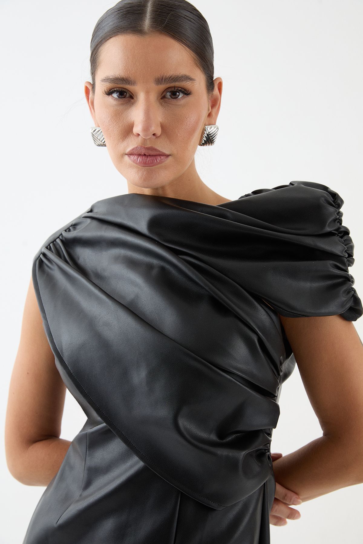 MissPap Ruched Detail Pu Mini Dress Black image 2