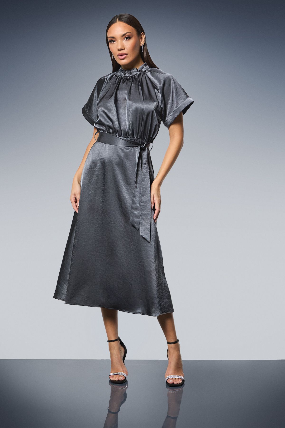 Principles Gathered Neck Flared Skirt Satin Midi Dress Slate image 1