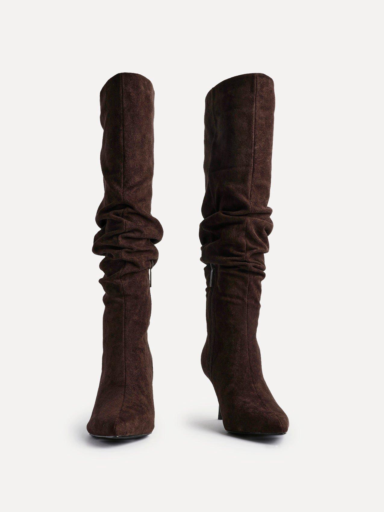 Linzi Rosenna Brown Suede Ruched High Leg Heeled Boot image 3