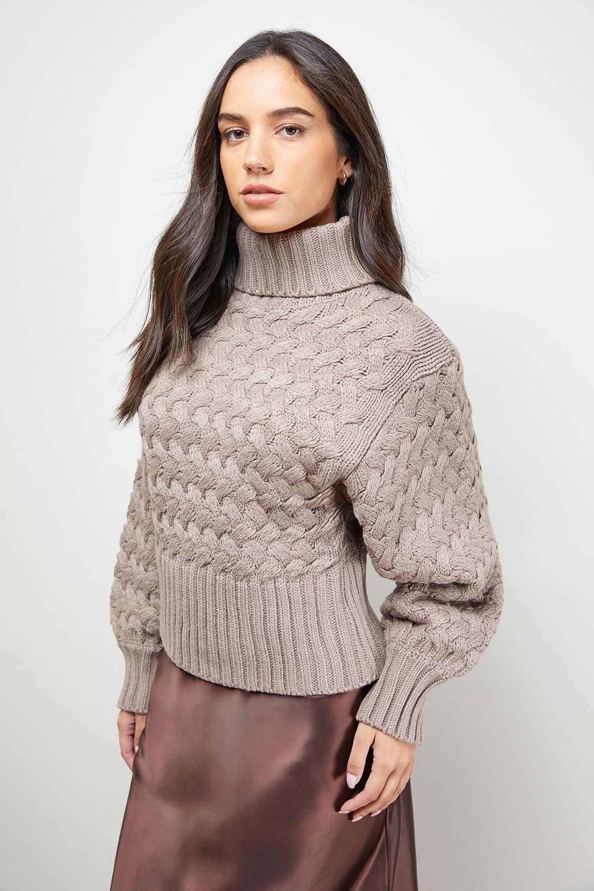 Oasis Chunky Cable Knit Roll Neck Jumper Mocha image 5