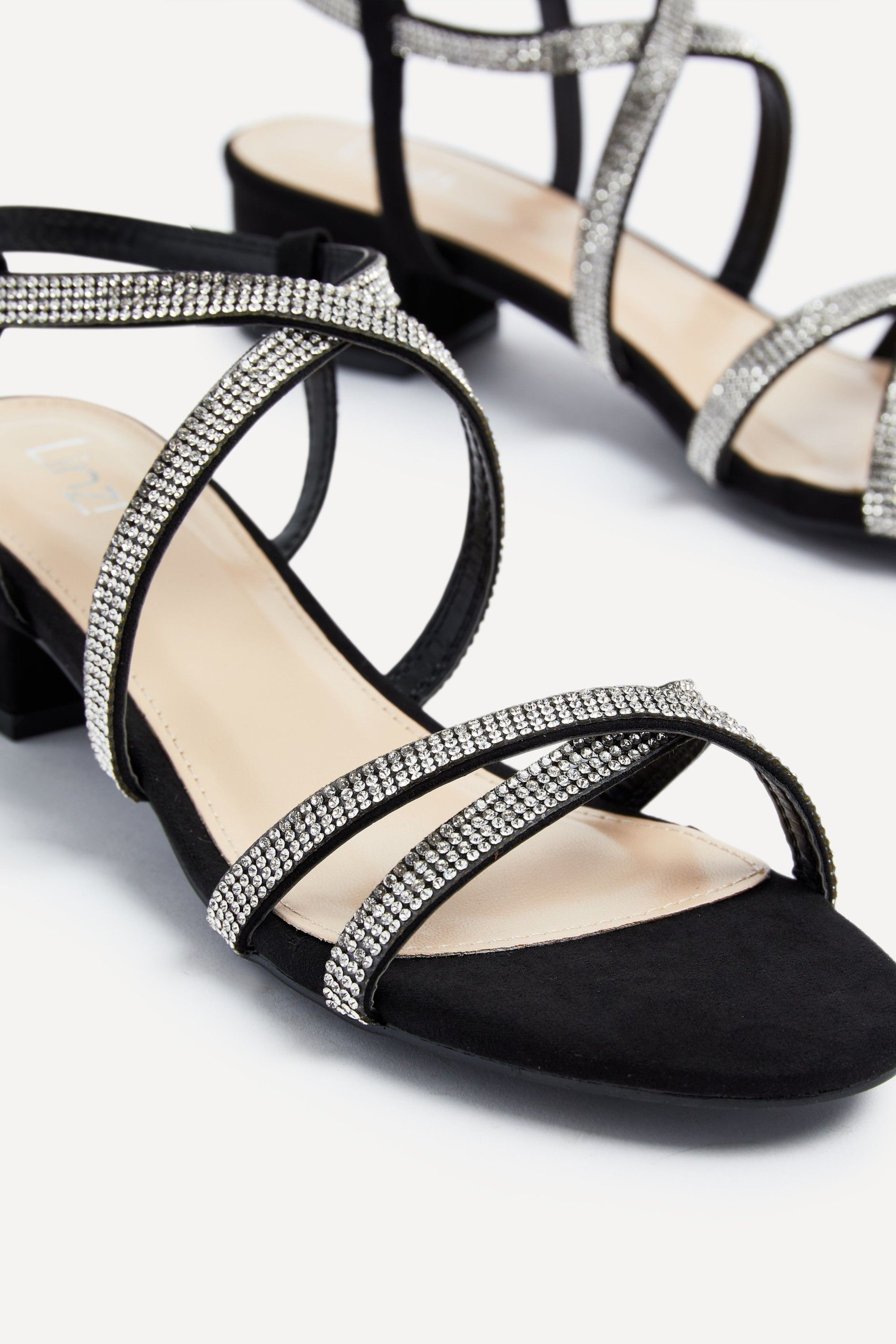 Linzi Glow Black Faux Suede Crossover Diamante Straps Low Block Heeled Sandal image 4