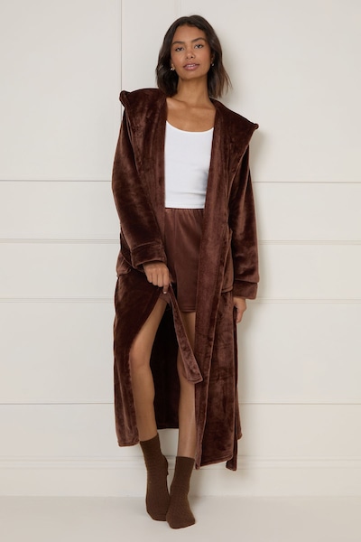 Dorothy Perkins Velour Hooded Dressing Gown Chocolate
