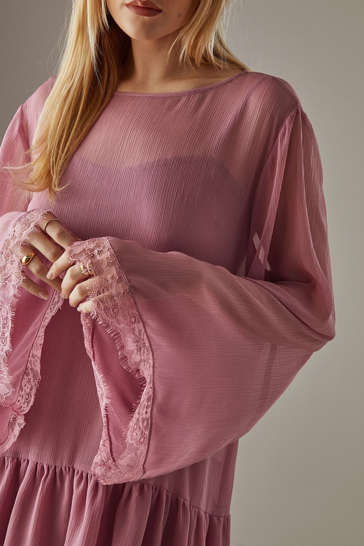 Warehouse Chiffon Lace Flared Sleeve Drop Hem Mini Dress Rose image 4