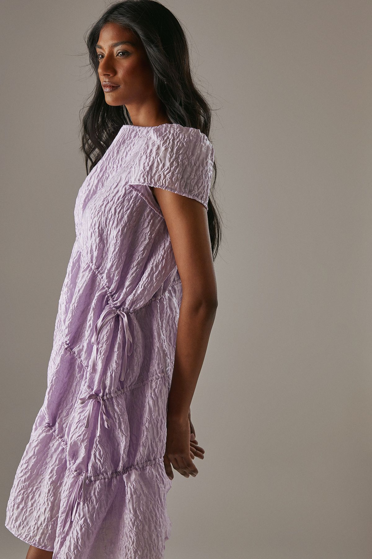 Warehouse Premium Jacquard Gathered Channel Smock Mini Dress Soft Pink image 4