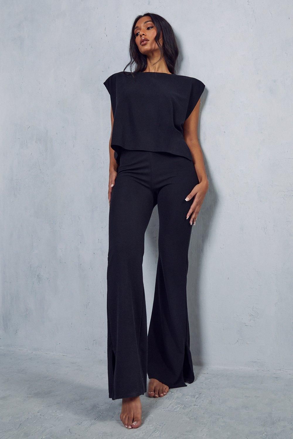 MissPap Ribbed Boxy Side Split Top & Flare Trouser Lounge Set Black image 4