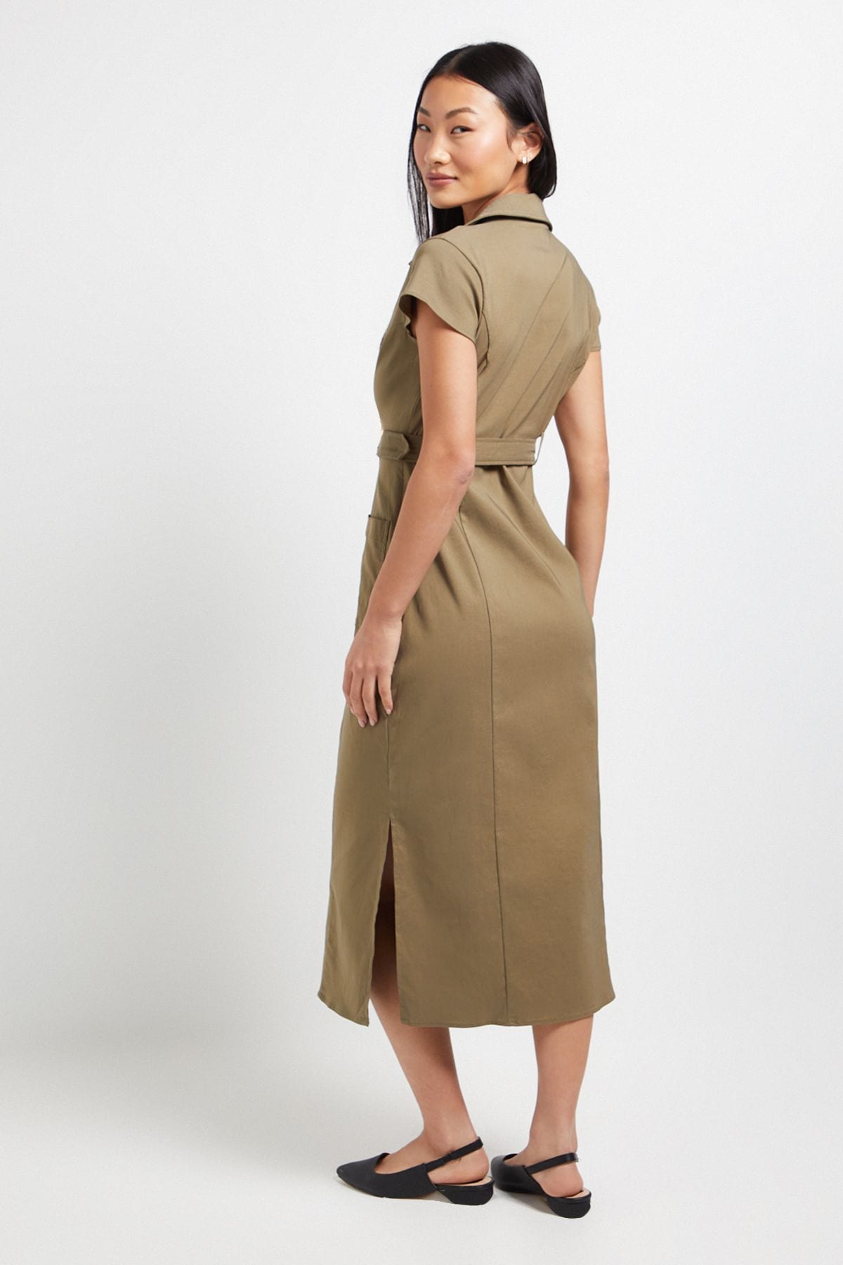 Dorothy Perkins Petite Belted Button Down Midi Dress Khaki image 3
