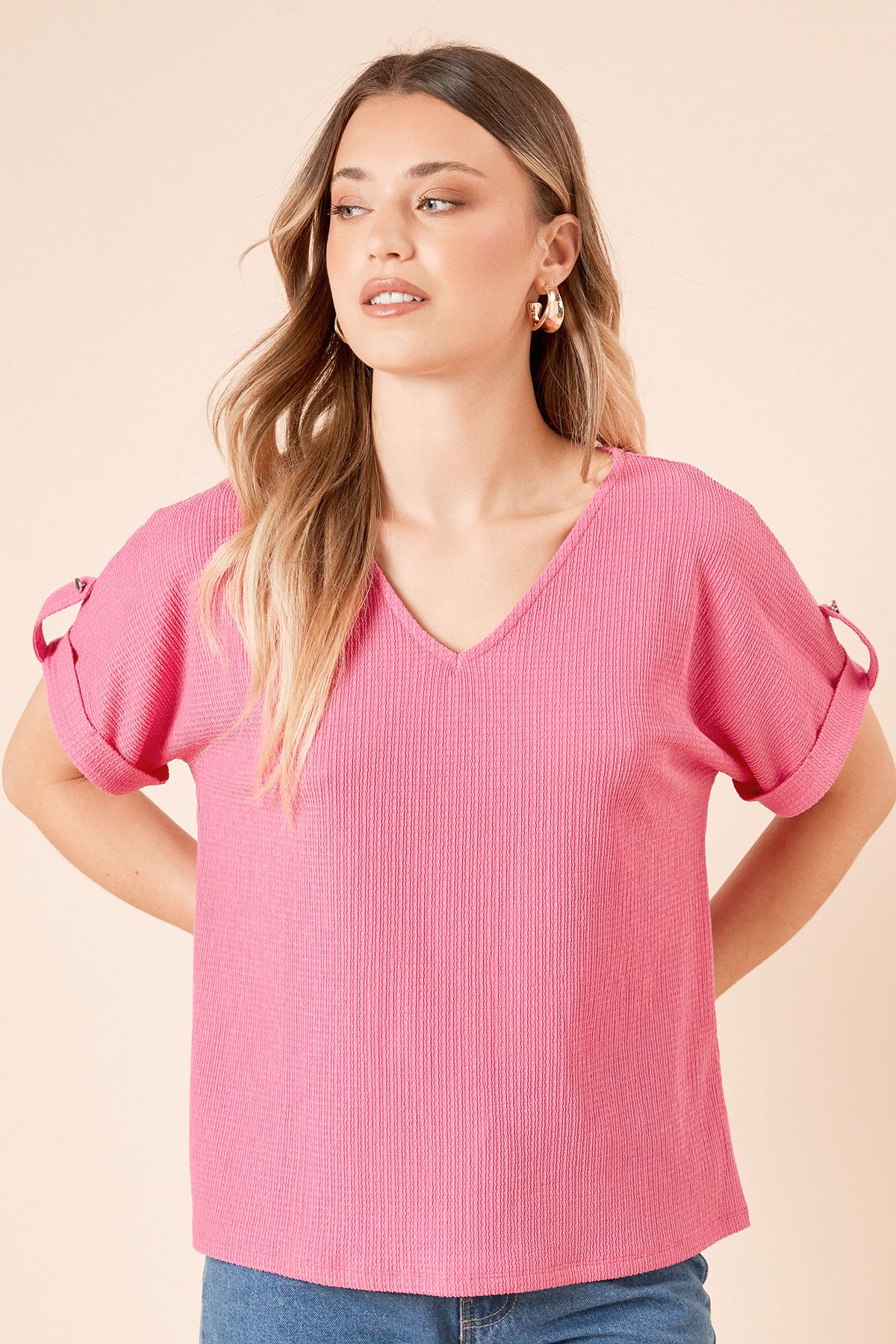 Dorothy Perkins V Neck Roll Sleeve Jersey Top Pink image 2