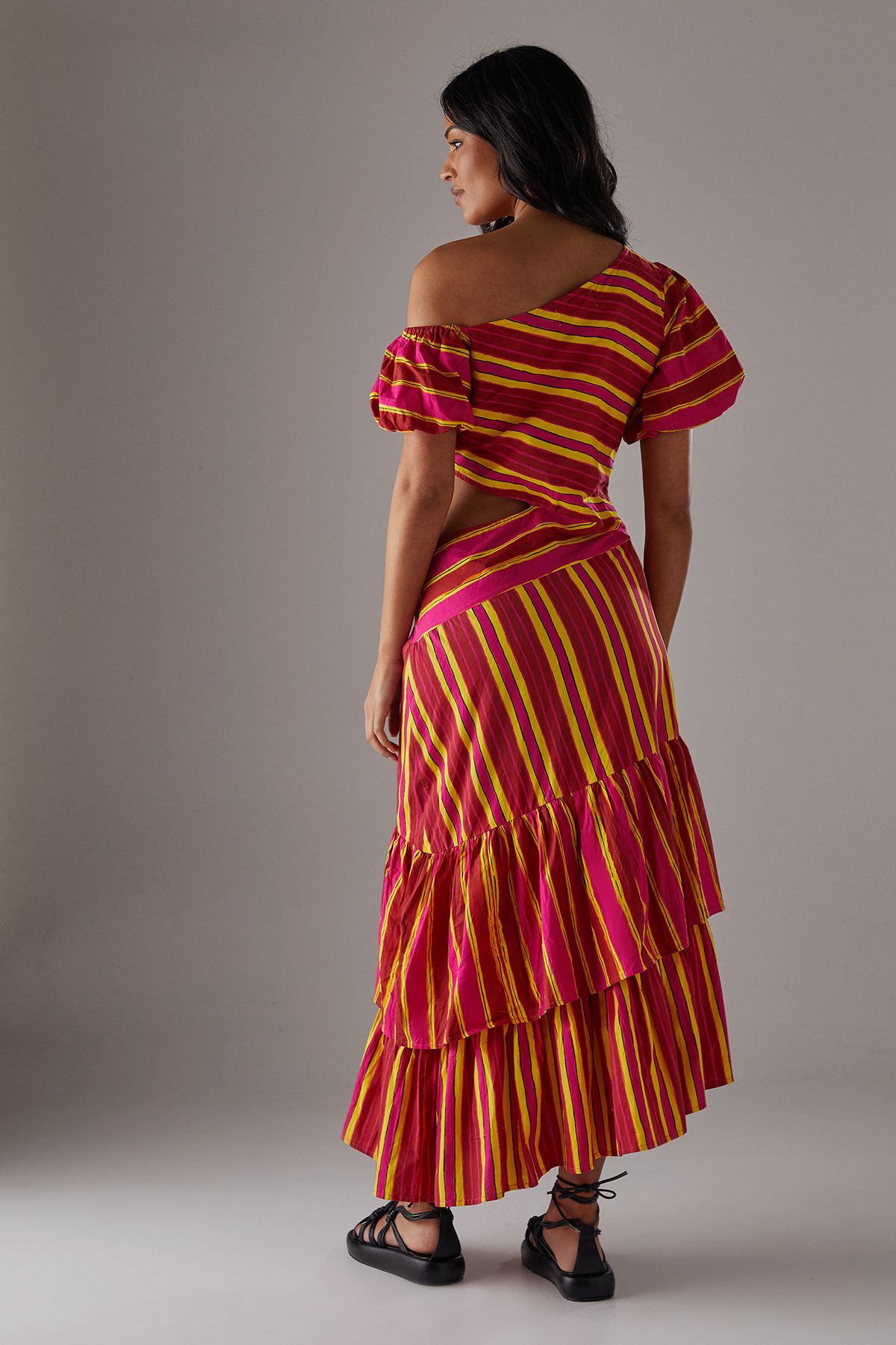 Warehouse Mixed Print Poplin Fallen Shoulder Asymmetric Midi Dress Multi image 4