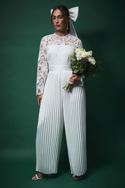 Coast Lisa Tan Lace Top Jumpsuit with Pleated Wide Leg Trouser Oyster