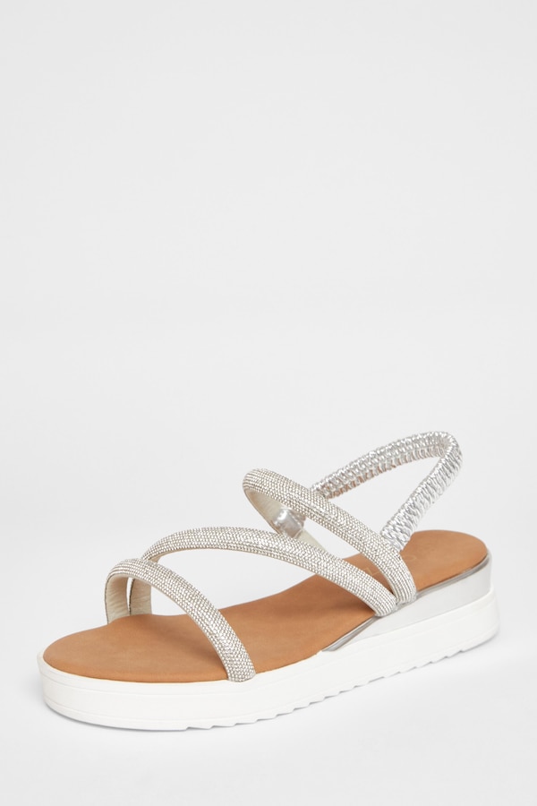 Quiz Silver Diamante Strappy Flatform Sandals