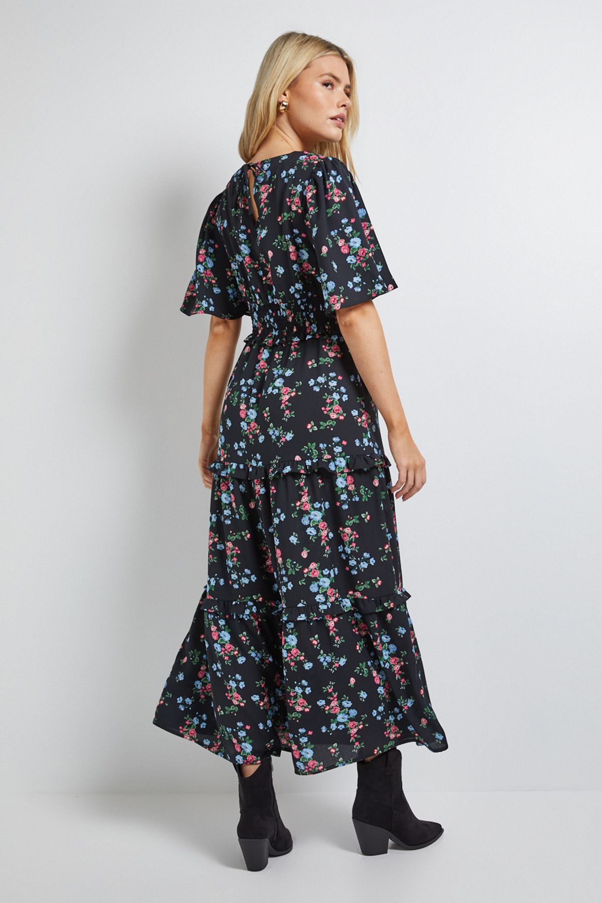 Dorothy Perkins Black Ditsy Shirred Waist Angel Sleeve Tiered Maxi Dress Black image 3