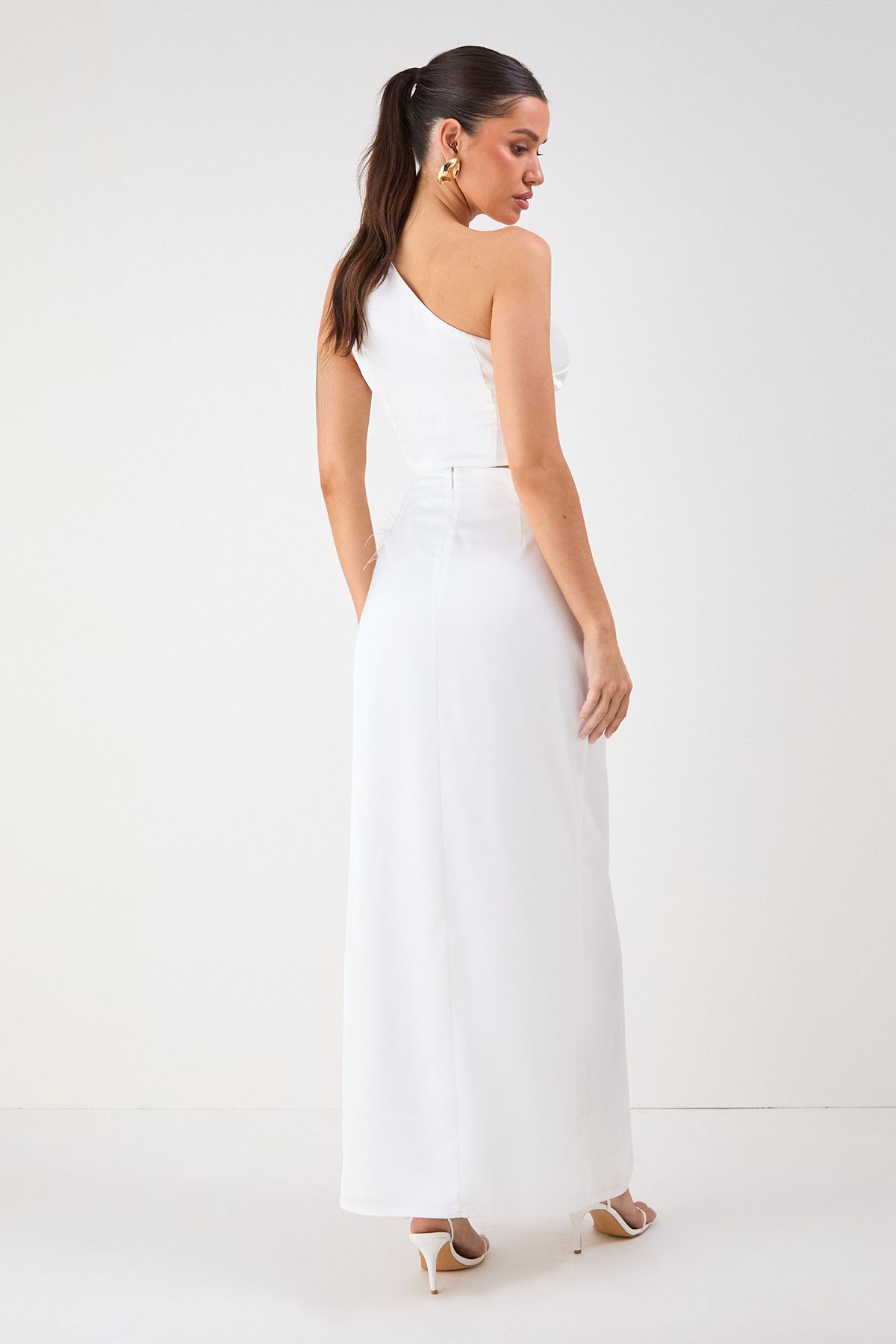 MissPap One Shoulder Top & Faux Feather Skirt Co-ord Ivory image 5