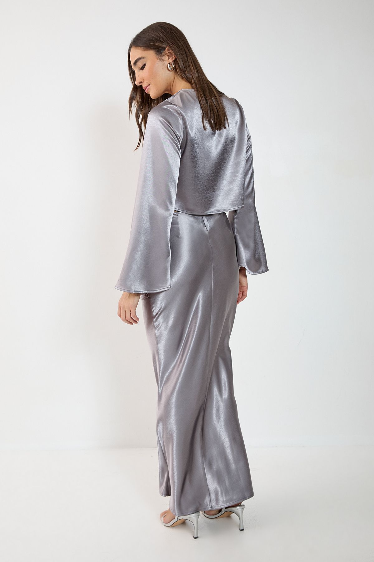 NastyGal Satin Ruched Maxi Skirt Silver image 4