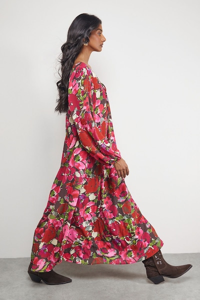 Warehouse Chiffon Tie Front Volume Midi Smock Dress Floral