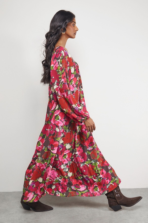 Warehouse Chiffon Tie Front Volume Midi Smock Dress Floral