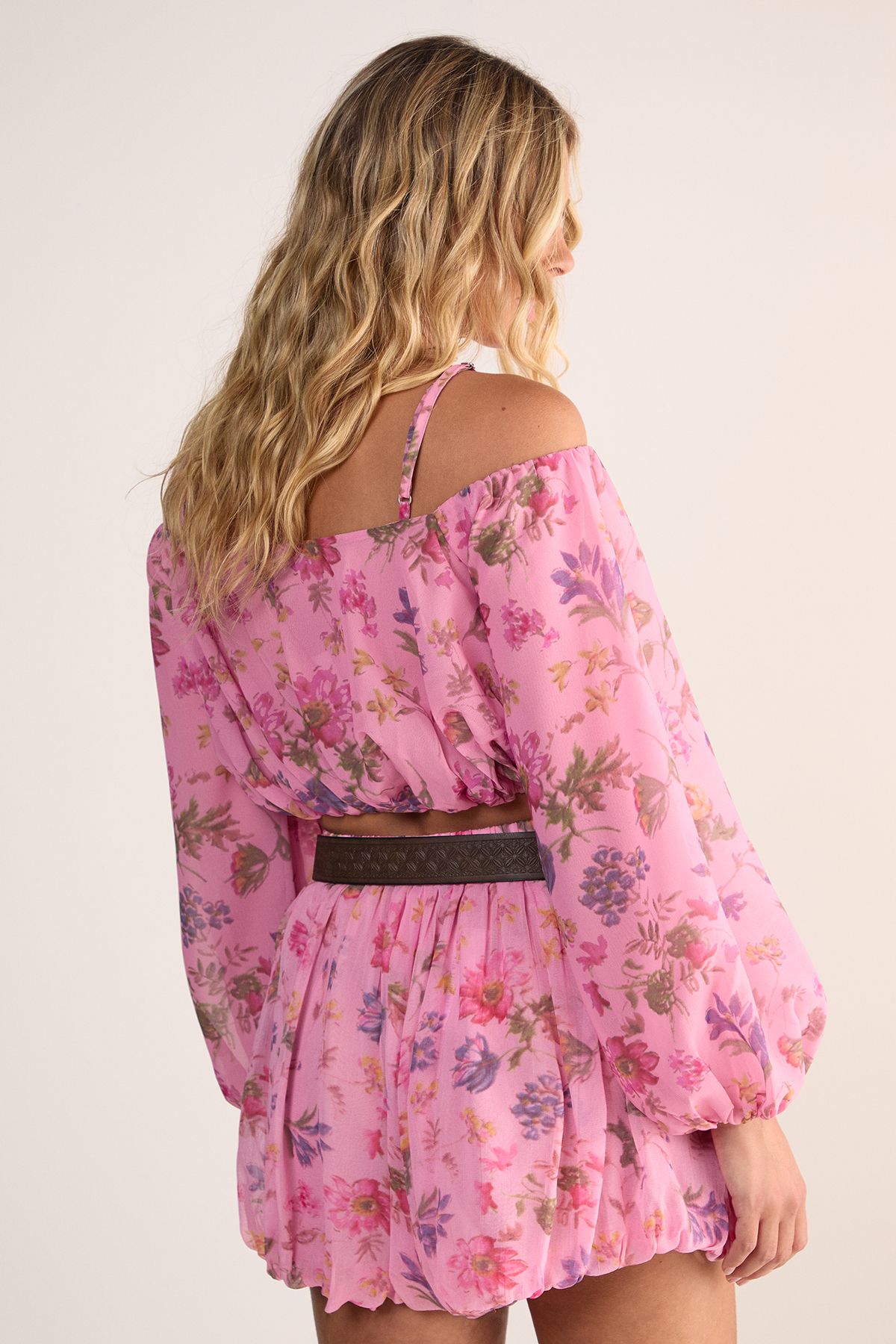 NastyGal Floral Bardot Balloon Sleeve Crop Top Pink image 3