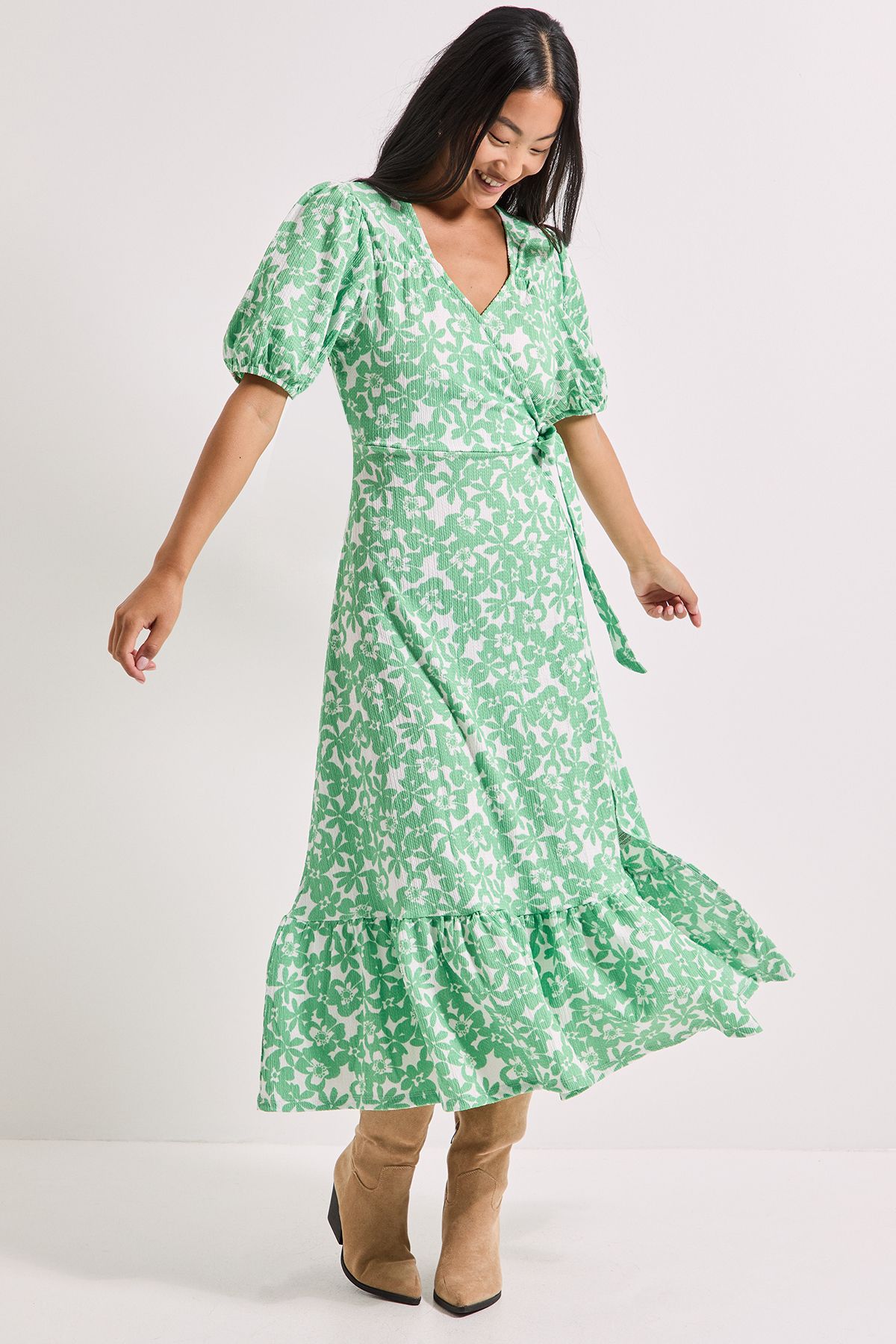 Dorothy Perkins Petite Green Floral Puff Sleeve Wrap Front Midi Dress Floral image 4