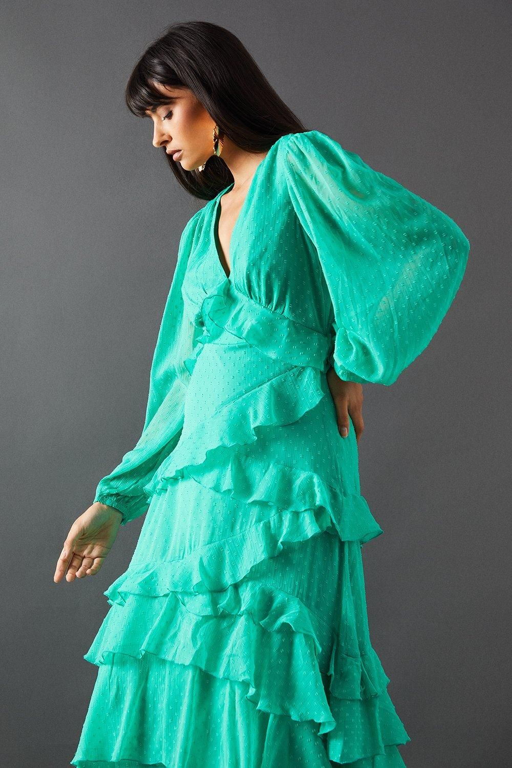 Warehouse Dobby Chiffon Ruffle Midi Dress Green image 4