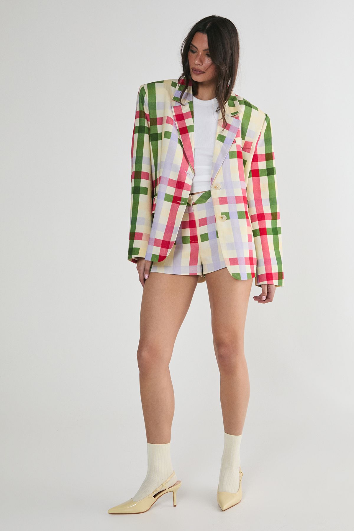 NastyGal Linen Mix Gingham Tailored Shorts Multi image 1