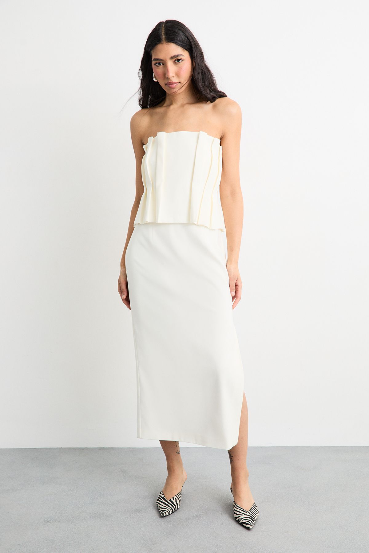 Warehouse Pleated Bodice Column Midi Dress Ivory image 1