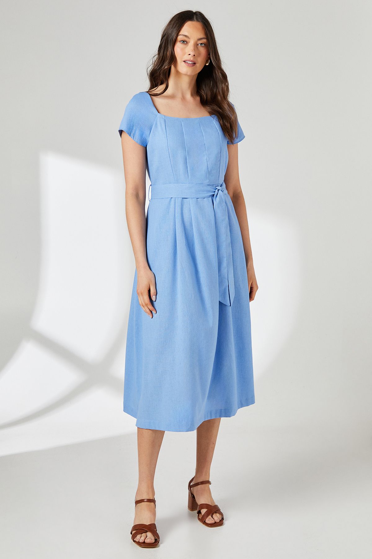 Principles Blue Square Neck Belted Linen Midi Dress Blue