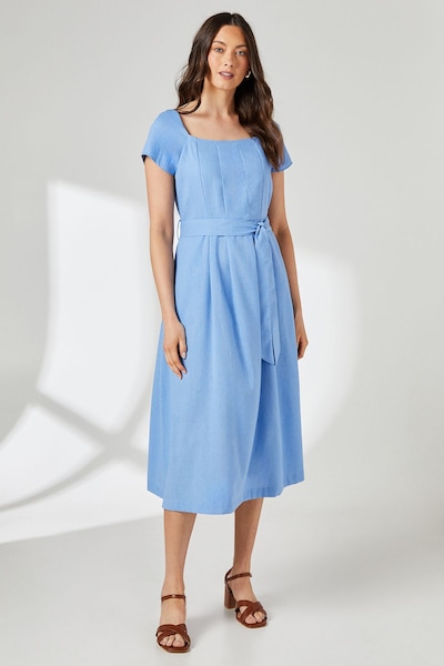 Principles Blue Square Neck Belted Linen Midi Dress Blue