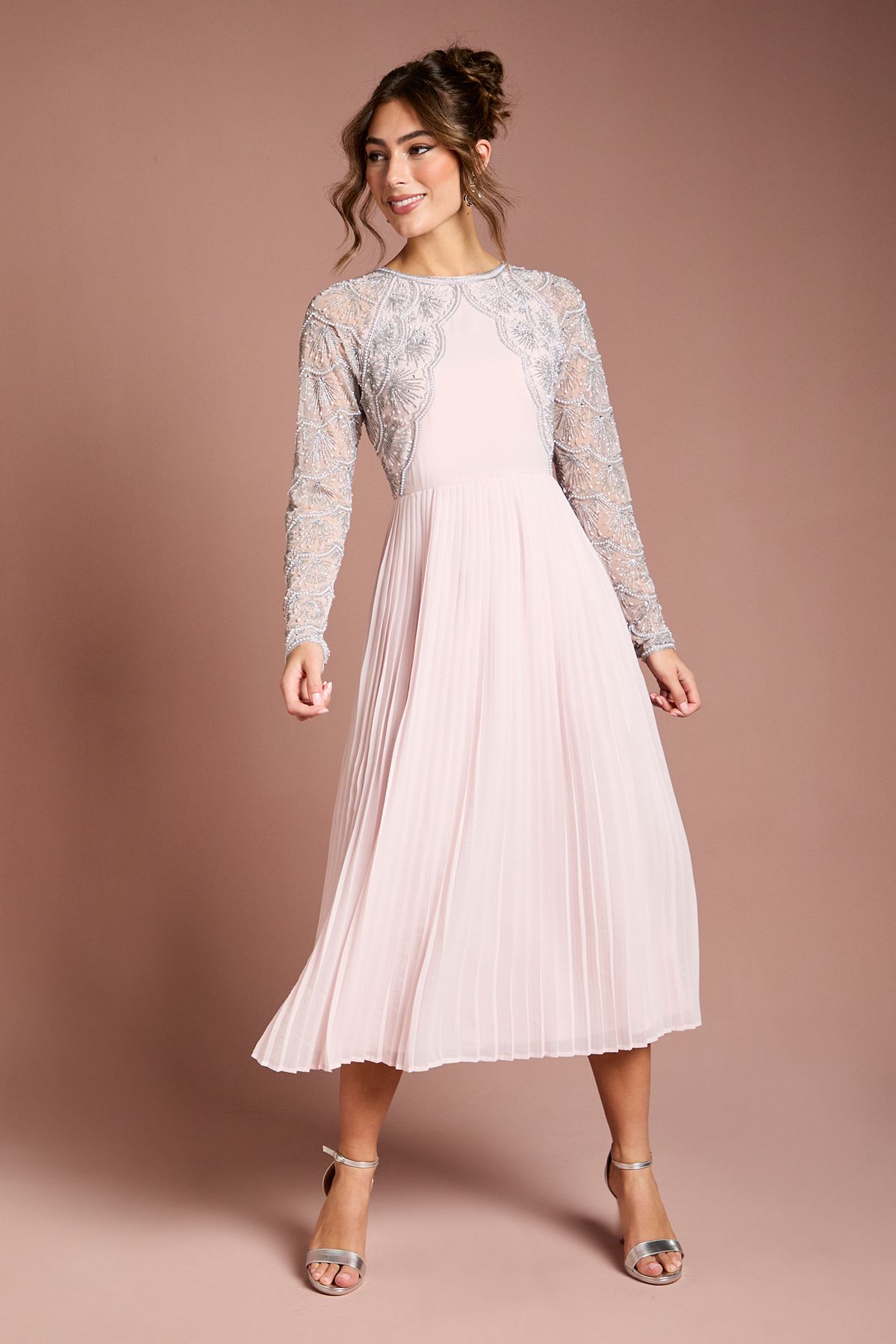 Coast Scallop Embellished Pleated Midi Dress Blush