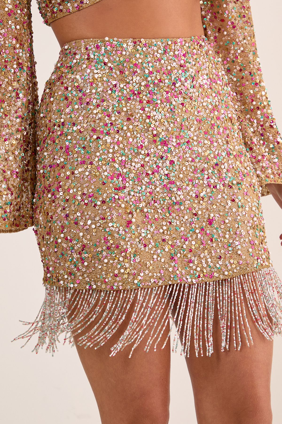NastyGal Metallic Net Sequin Pearl Tassel Tie Side Mini Skirt Nude image 3