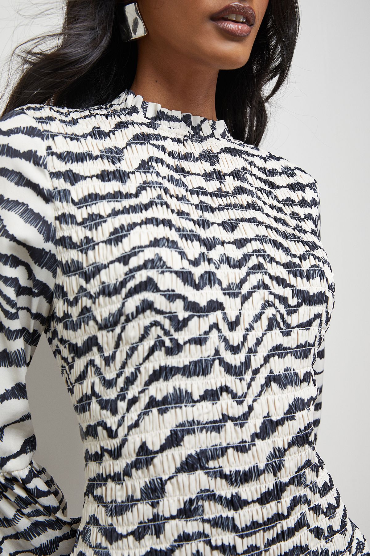 Warehouse Satin Shirred Bodice Balloon Sleeve Midi Dress Mono image 5