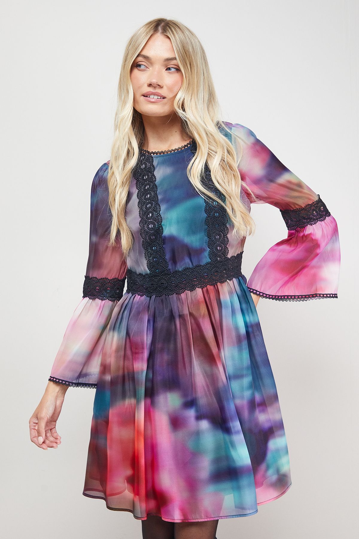 Oasis Lace Trim Fluted Sleeve Mini Prom Dress Multi image 2