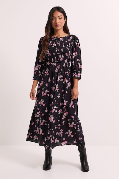 Dorothy Perkins Pink Floral Petite Shirred Bodice Button Detail Midi Dress Pink