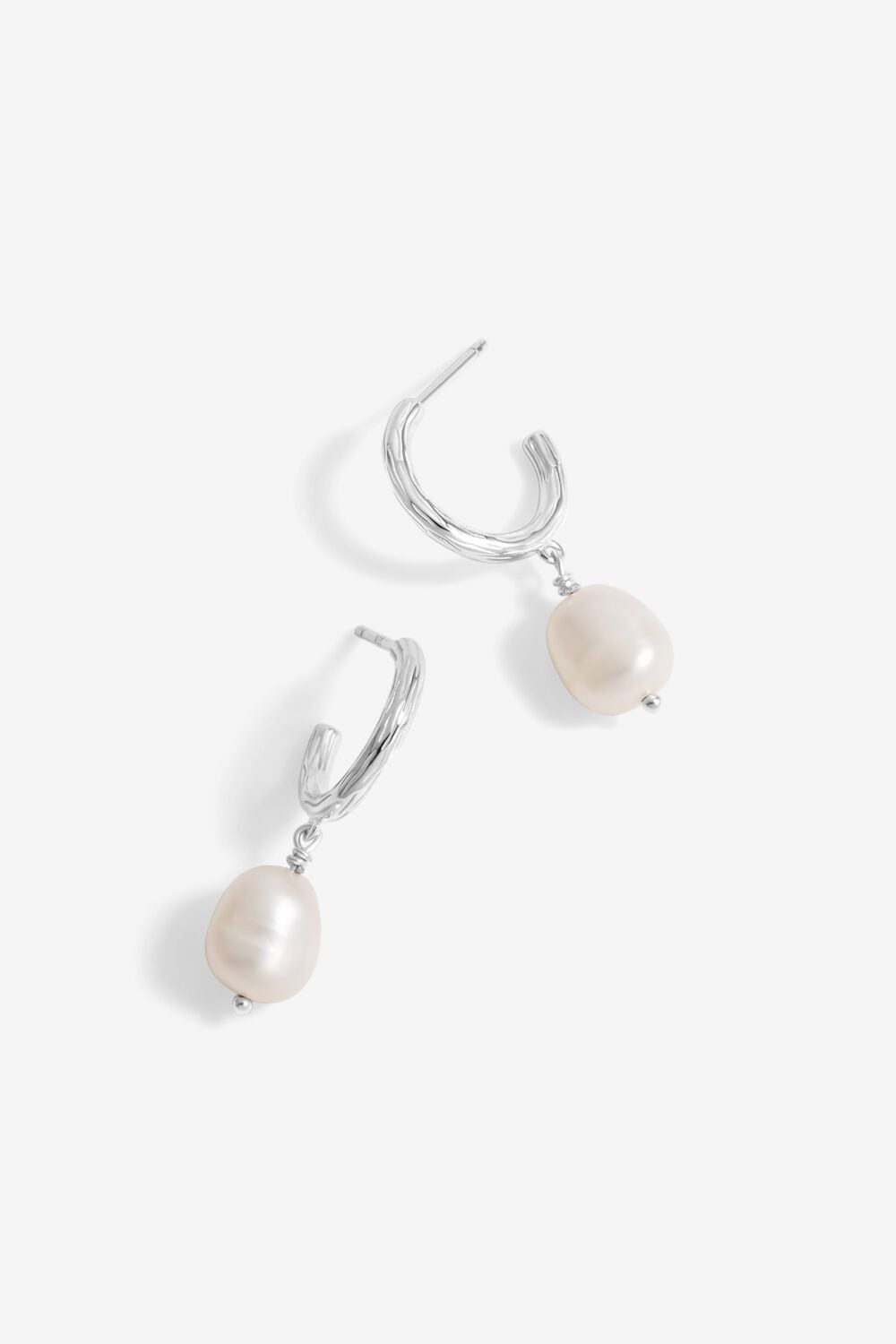 Simply Silver Sterling Silver 925 Polished Textured and Pearl Hoop Earrings image 1