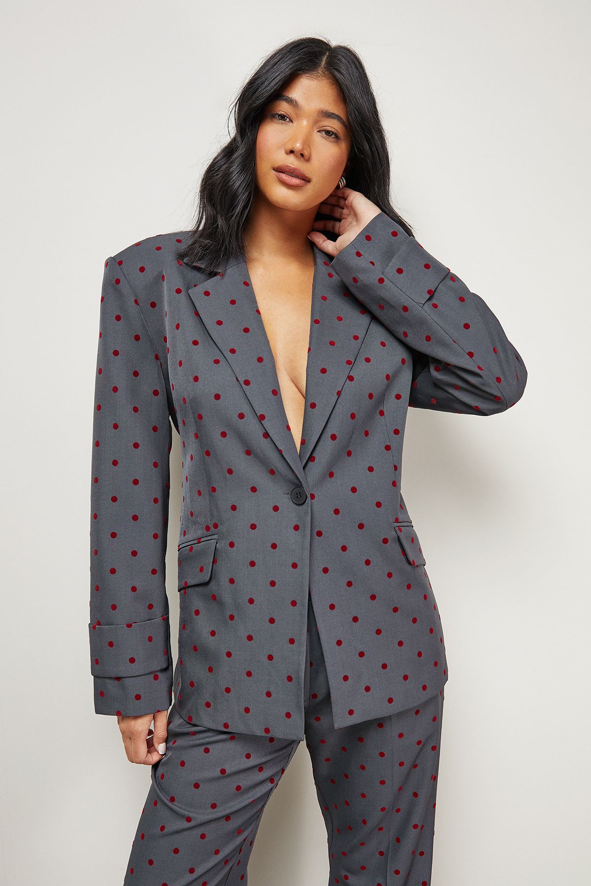 Warehouse Burgundy Velvet Spot Blazer Co-ord Grey image 2