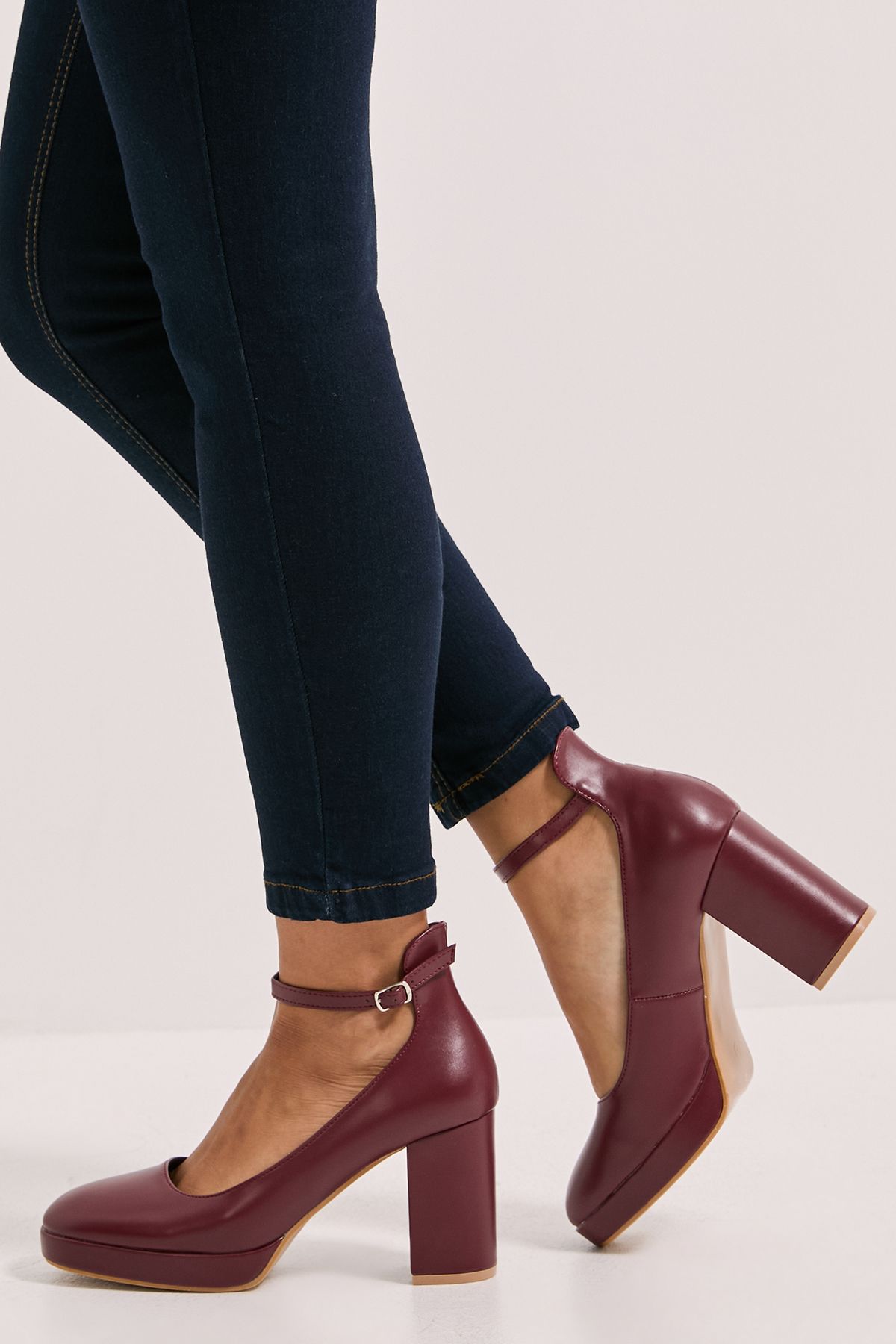 Dorothy Perkins Vanessa Faux Leather Platform Ankle Strap High Block Heel Court Shoes Burgundy image 2