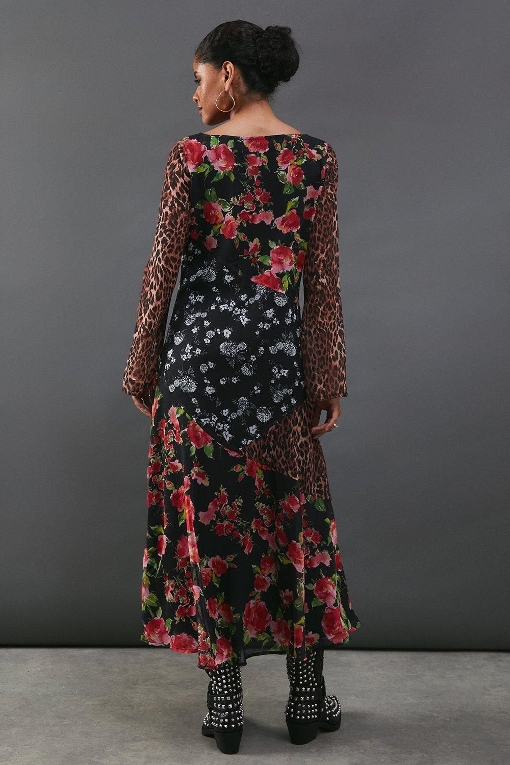 Warehouse Chiffon Panelling Tie Sleeve Midi Dress Multi image 3