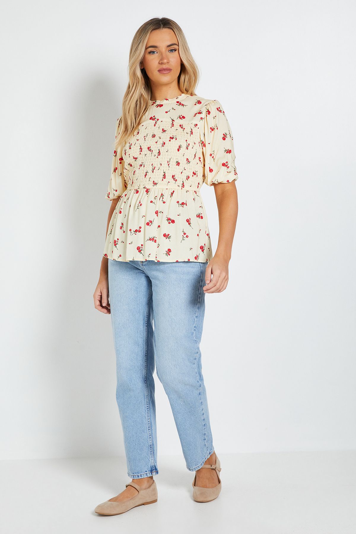 Dorothy Perkins Yellow Ditsy High Neck Shirred Bodice Top Yellow image 2