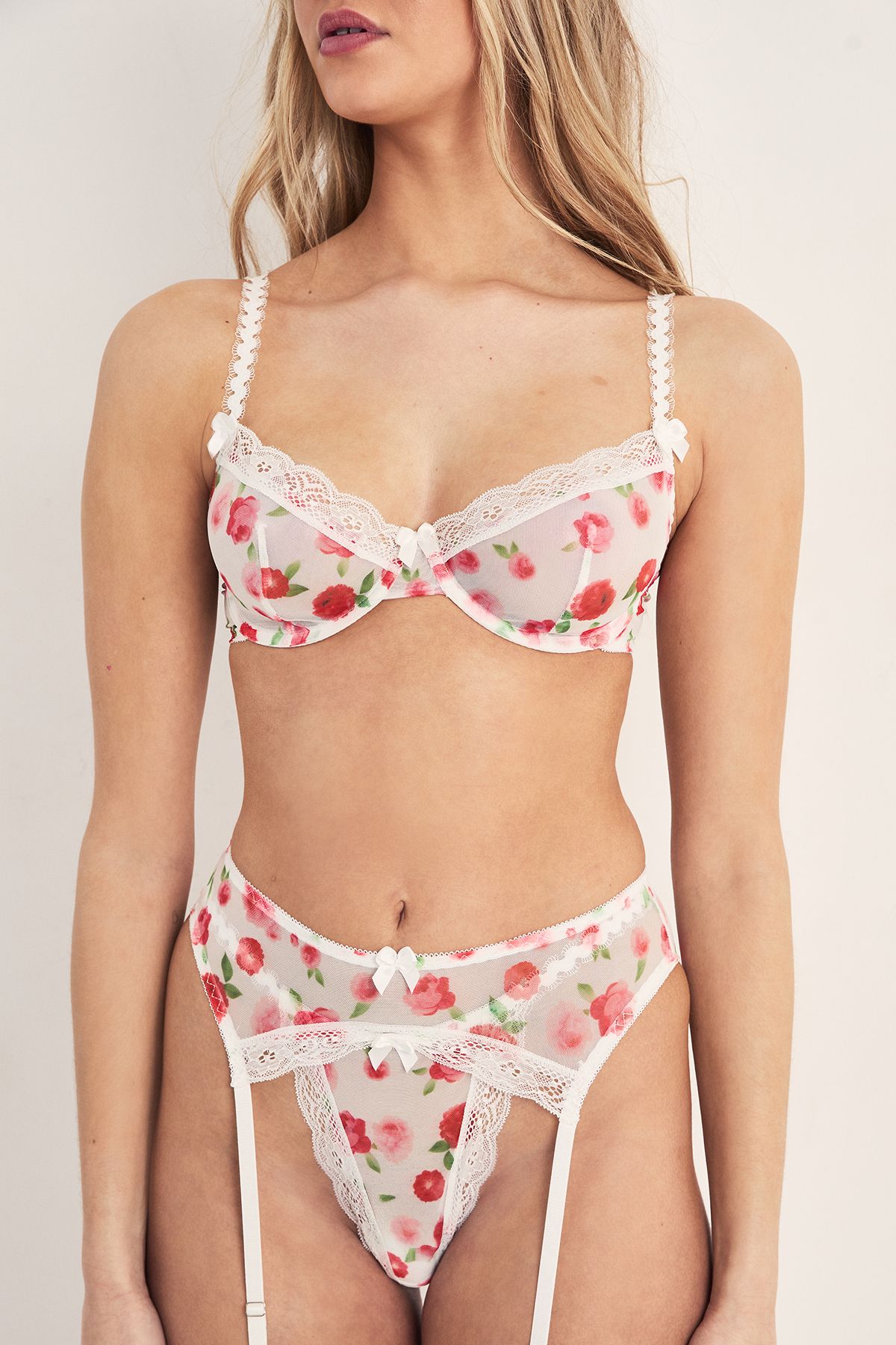 NastyGal Lace Floral Print Lingerie 3 Piece Set White image 2